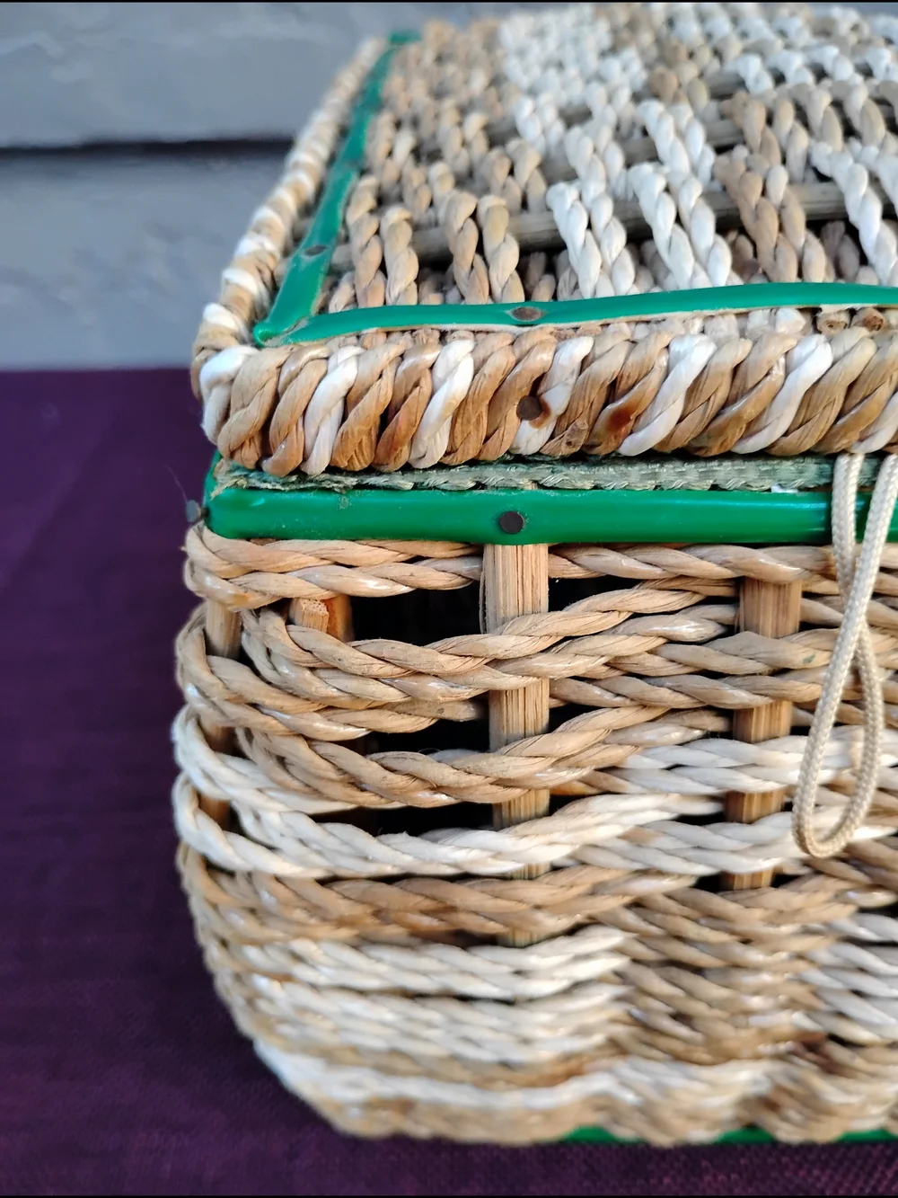 Vtg Wicker Sewing Basket Woven Beige  w/Green Lining Mid Century Made in Japan